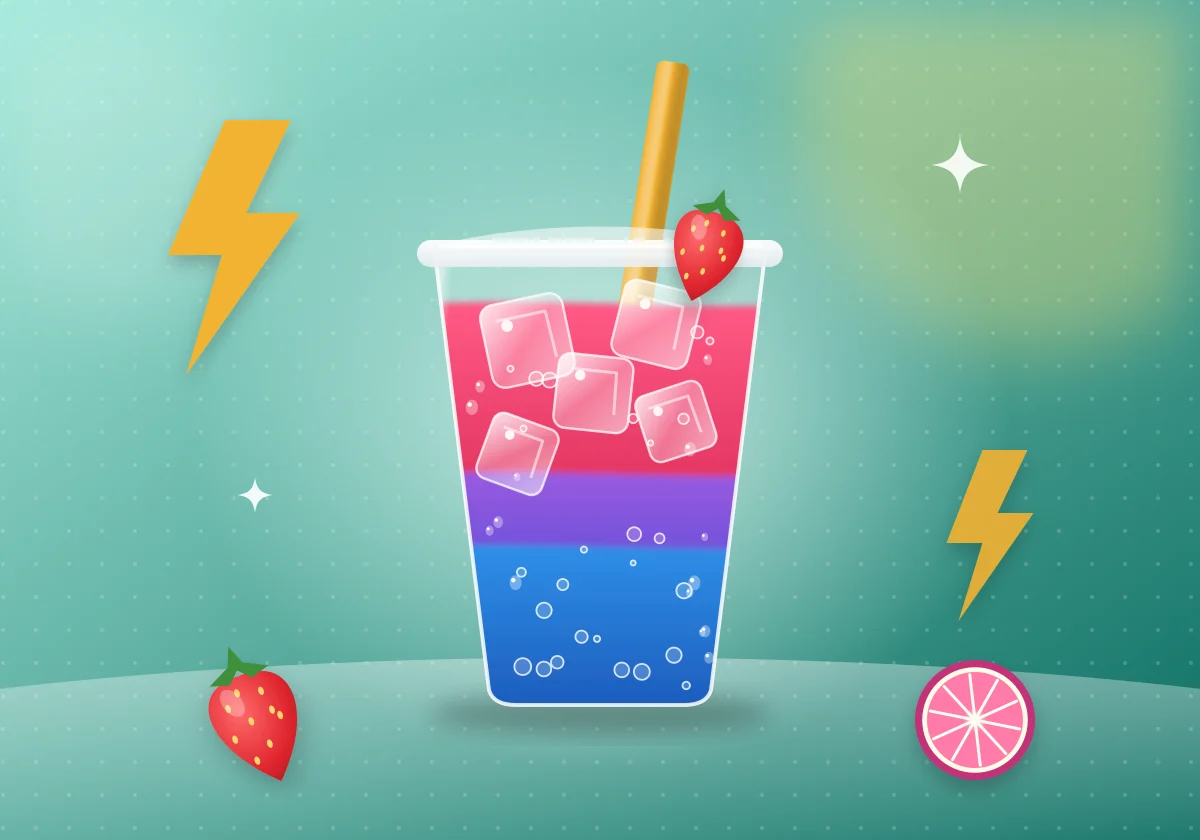 Illustration of a layered blue and red iced energy drink