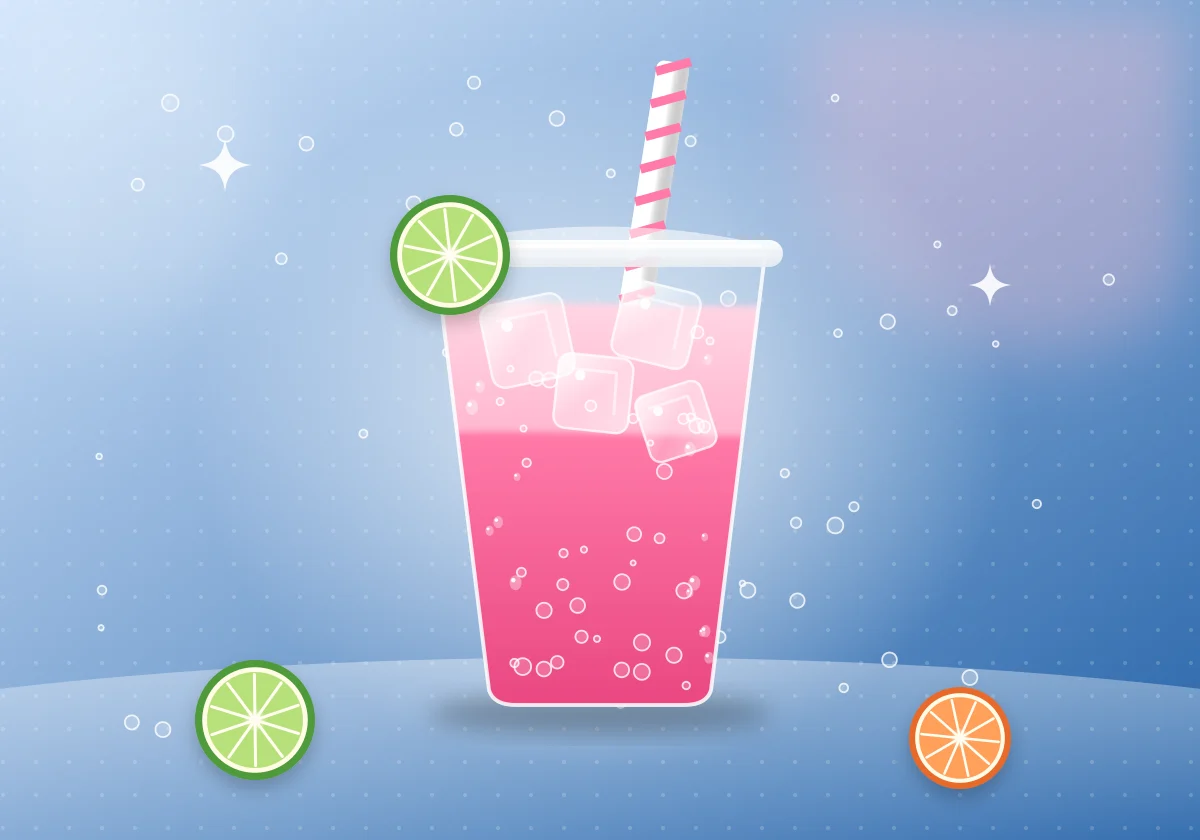 Illustration of a pink sparkling soda with a lime wheel
