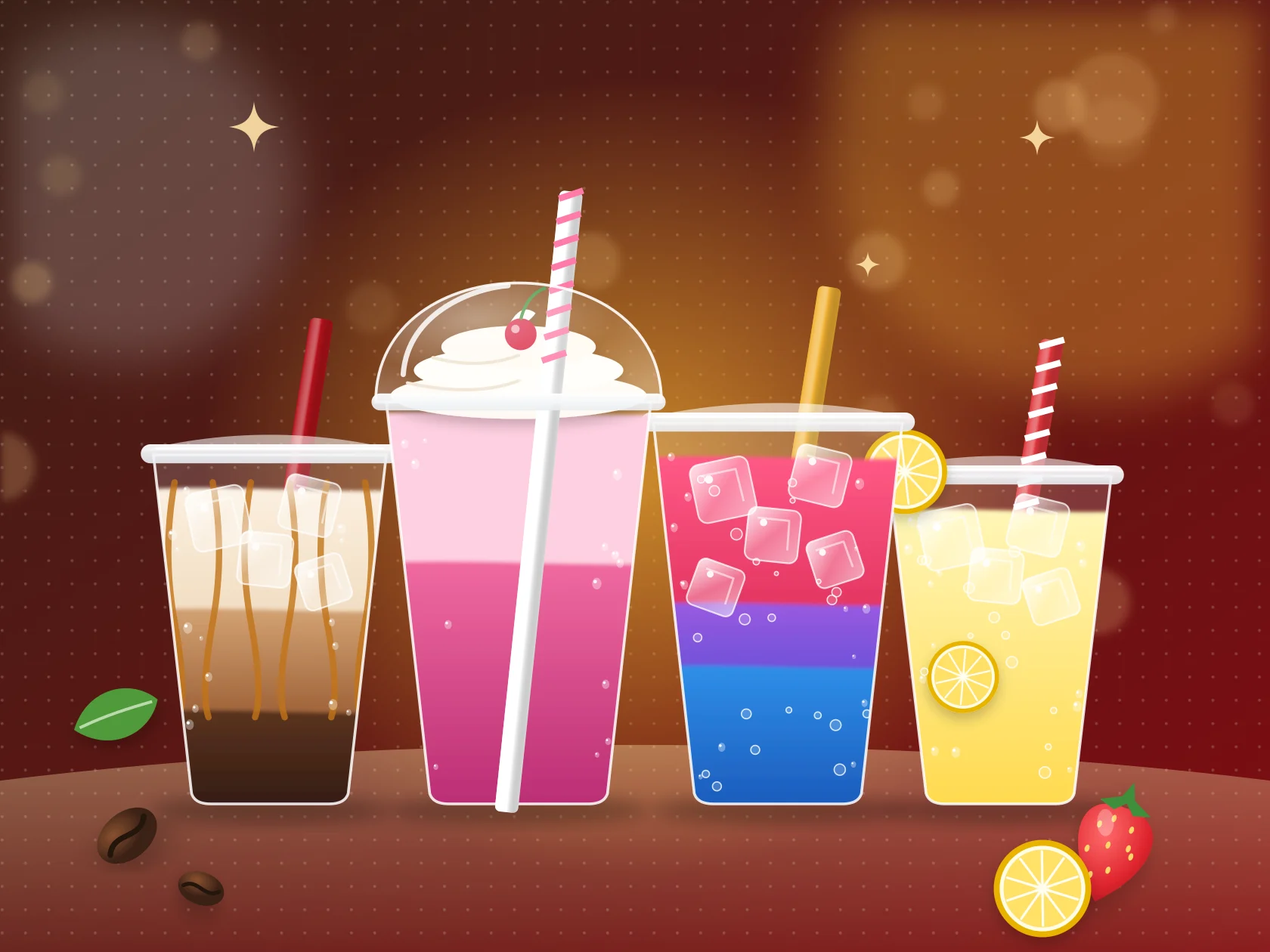 Illustration of an iced coffee, a strawberry smoothie, an energy drink and a lemonade