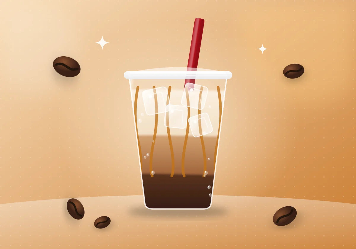 Illustration of an iced layered breve coffee with caramel drizzle