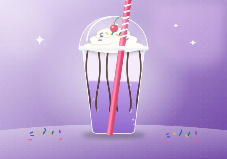 Illustration of a whipped cream shake with sprinkles and a cherry