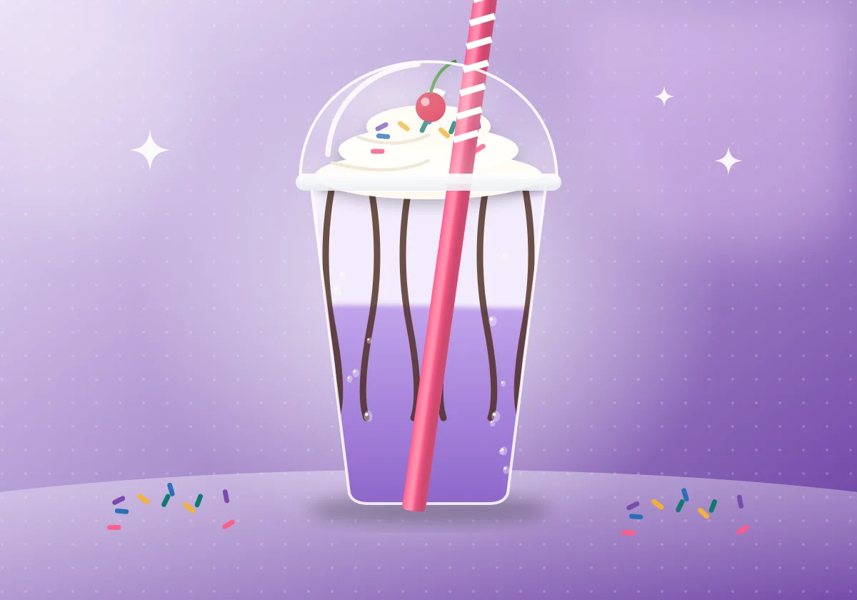 Illustration of a whipped cream shake with sprinkles and a cherry