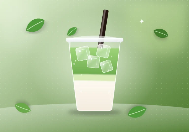 Illustration of an iced matcha latte with tea leaves