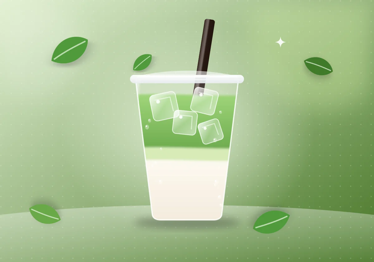 Illustration of an iced matcha latte with tea leaves